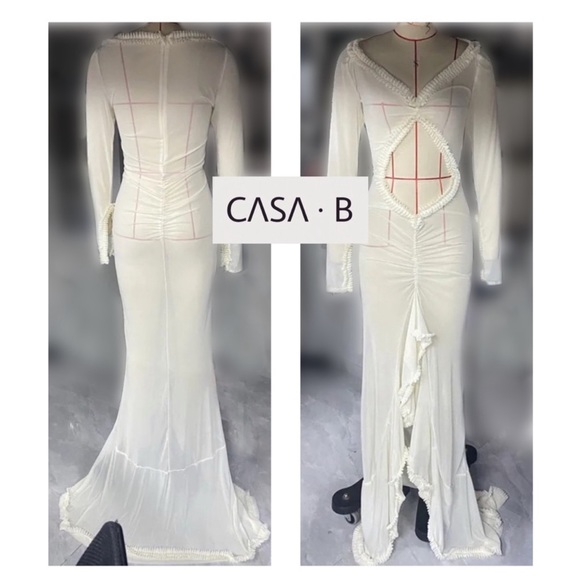NEW💫to CASA B|“Glamour de Cannes” Mesh Cut-Out Frill Sheer Long Sleeve Lux Gown - Picture 14 of 16